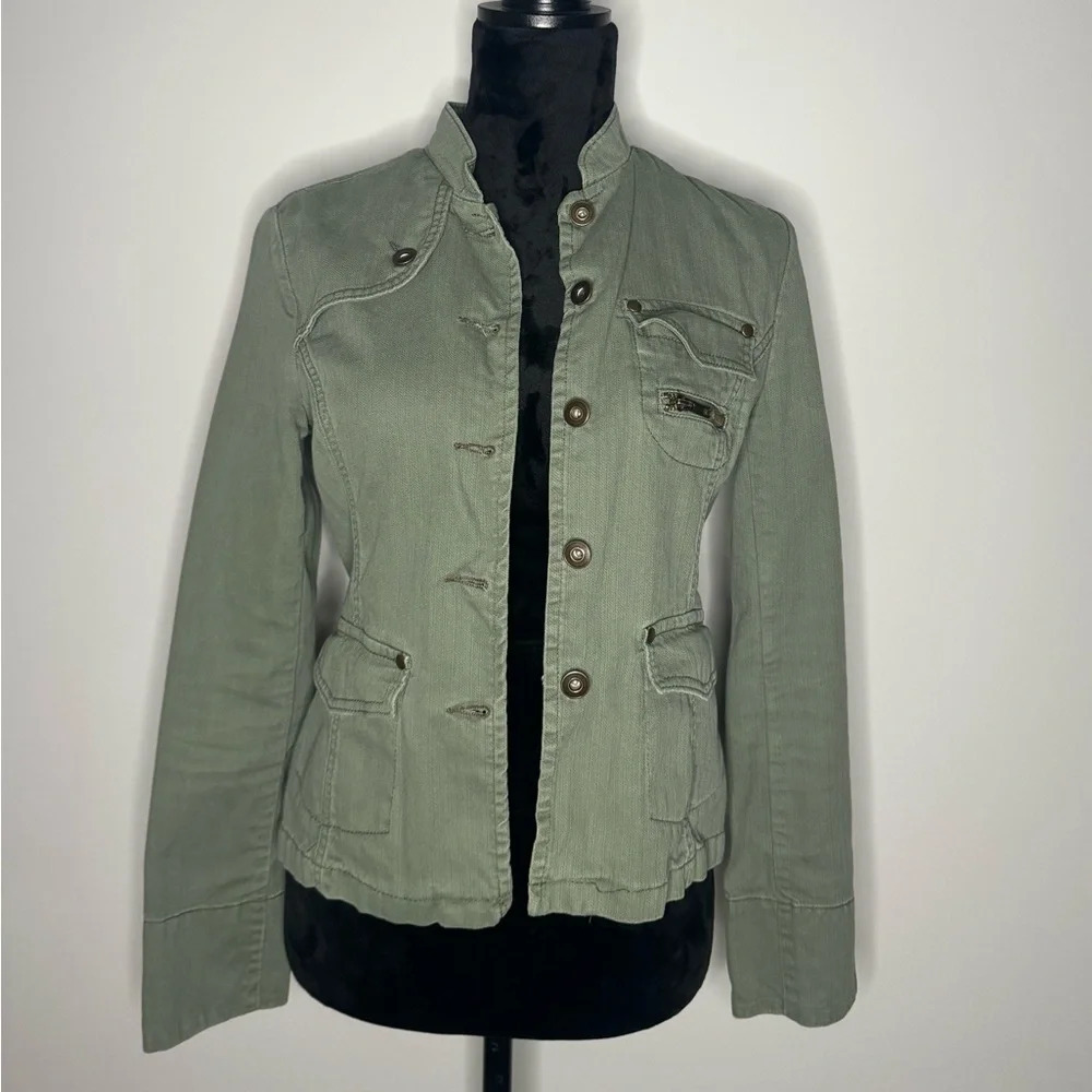 Mossimo Womens Utility Jacket Green Denim Military Button Up Pockets Casual - Picture 6 of 15
